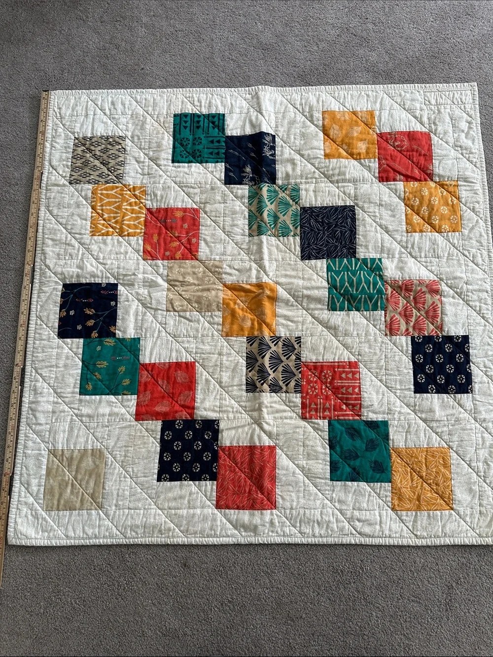 Handmade Geometric Patchwork Quilt in Cream with Multicolor Squares